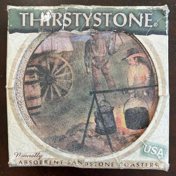 Thirstystone Western Country Cowboy Sandstone Coasters Set 4 New In Box Vintage - Picture 9 of 12